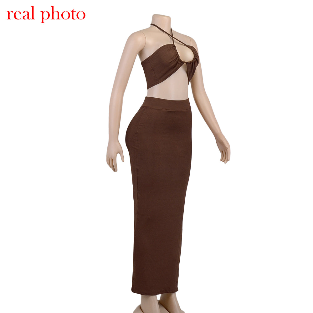 Cryptographic Bandage Cut Out Sexy Halter Neck Top and Skirts Set Gathered Elegant - MERGE.DAY.1.FREESTYLE