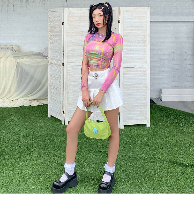 Hollow Bandage T-Shirt Women Sweet Suits Color Pattern Mesh Camisole + Long Sleeve Smock Female - MERGE.DAY.1.FREESTYLE