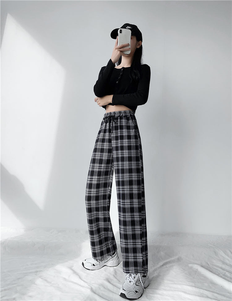 Plaid Pants Women High Waist Drawstring Loose Straight Baggy Pants 2022 Spring and Summer - MERGE.DAY.1.FREESTYLE