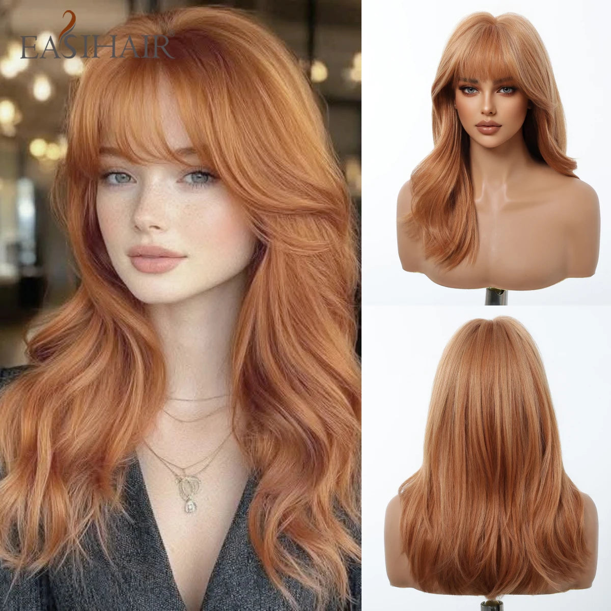 EASIHAIR Medium Length Orange Synthetic Wigs for Women Natural Wavy Wigs With Bangs Heat Resistant Fiber Wigs for Daily Cosplay - MERGE.DAY.1.FREESTYLE