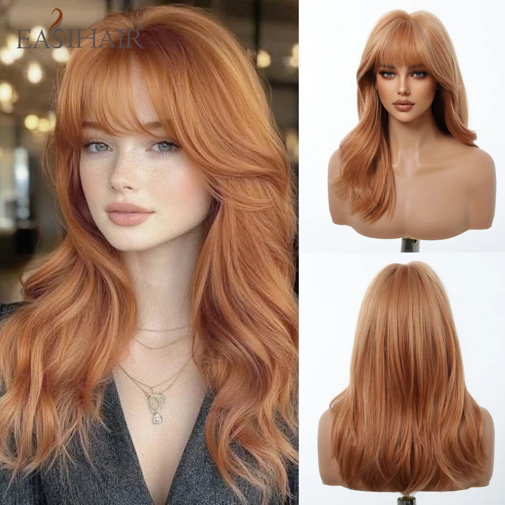 EASIHAIR Medium Length Orange Synthetic Wigs for Women Natural Wavy Wigs With Bangs Heat Resistant Fiber Wigs for Daily Cosplay - MERGE.DAY.1.FREESTYLE