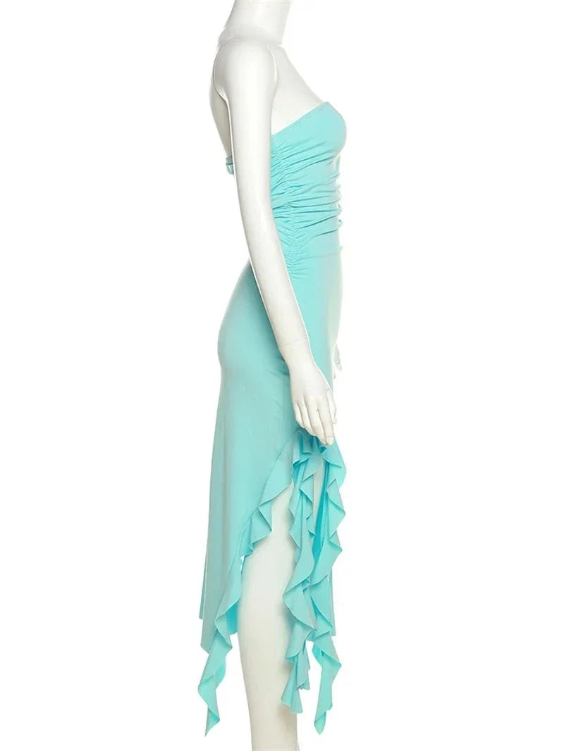 Elegant Strapless Dress Women Irregular Tassel Skinny Split Maxi Bodycon - MERGE.DAY.1.FREESTYLE