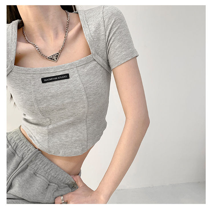Curved Crop Tops Women Summer Square Collar Short Sleeve T-Shirt Fashion Slim Woman - MERGE.DAY.1.FREESTYLE