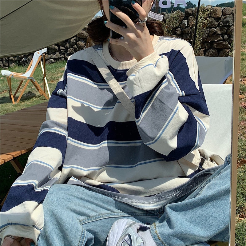 Striped POLO Shirt Men Women Casual Loose Couple BF Lapel Sweatshirts - MERGE.DAY.1.FREESTYLE
