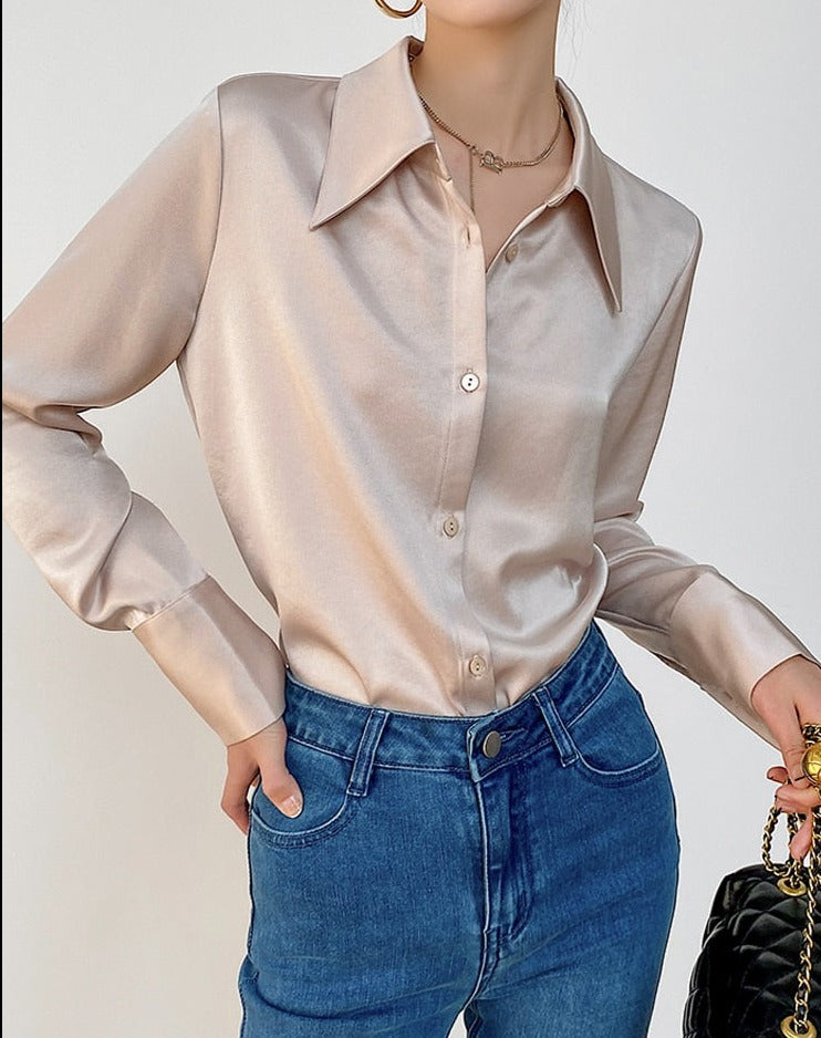 Turn-down Collar Solid Blouses Women Full Sleeve Loose Single-breasted Satin Shirts - MERGE.DAY.1.FREESTYLE
