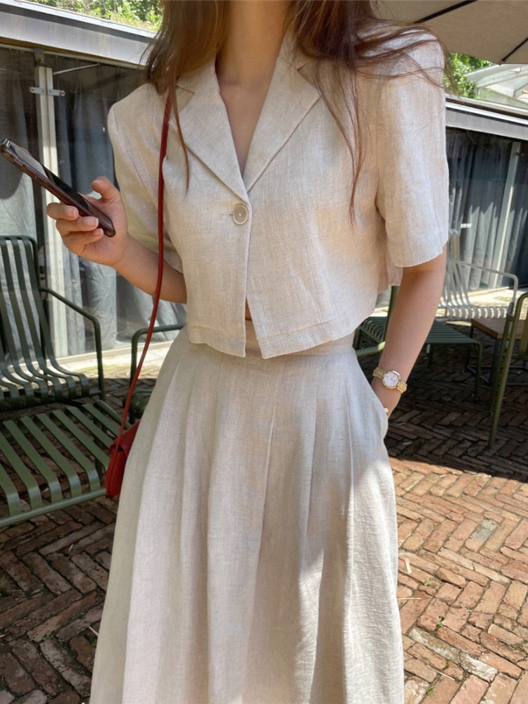 Cotton Linen Skirt 2 Two Piece Sets Outfits Female Short Sleeve Blazer Suits with High Waist - MERGE.DAY.1.FREESTYLE