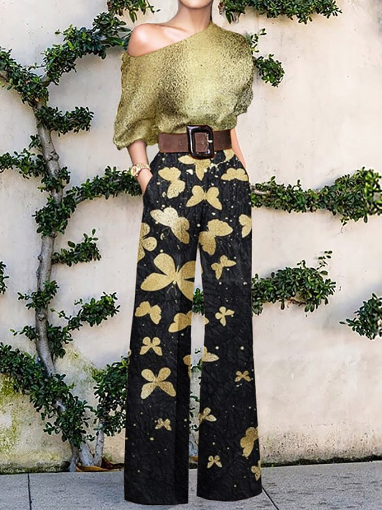 2022 Summer Pattern Print Jumpsuit Off Shoulder Romper Women Wide Leg Pant Playsuit - MERGE.DAY.1.FREESTYLE
