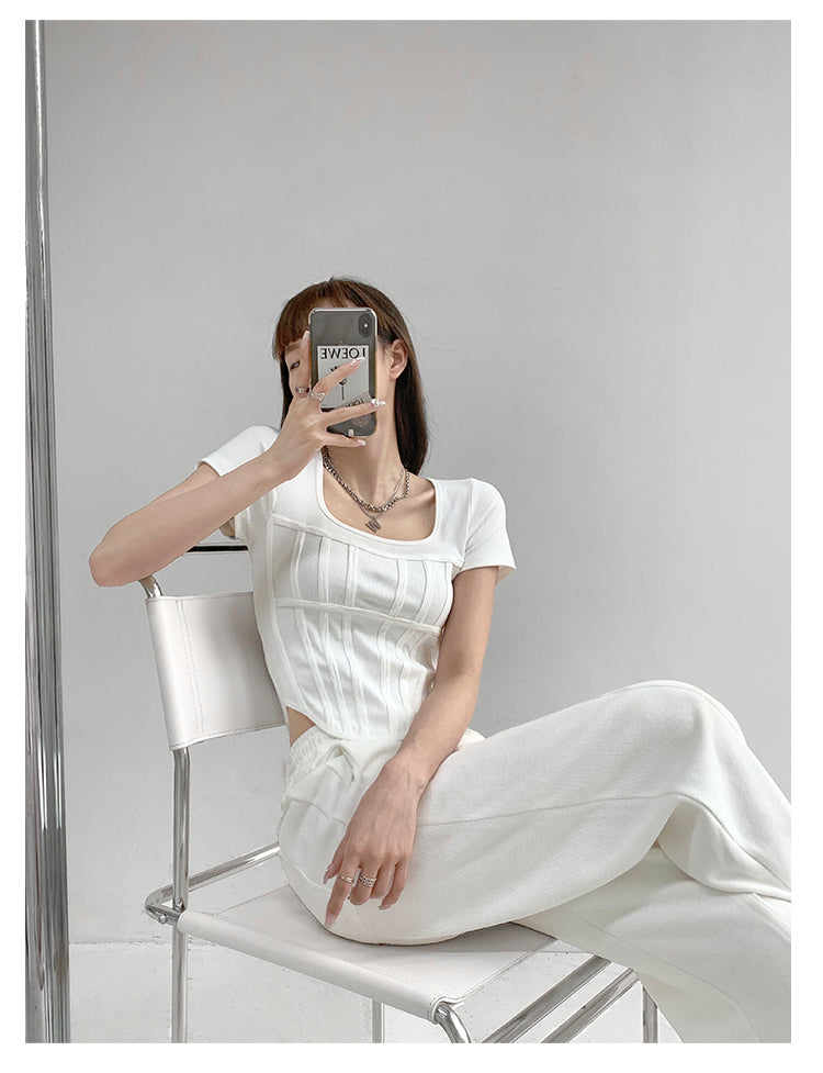 Summer Bright Line White T-shirt Women Slim Square Neck Short Sleeve Cropped Tops Female - MERGE.DAY.1.FREESTYLE