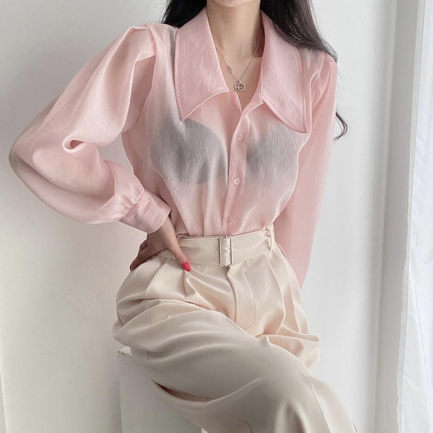 See Through Button Down Shirts Women New Loose Long Sleeve Blouse Female 2022 Summer Suncreen Tops - MERGE.DAY.1.FREESTYLE