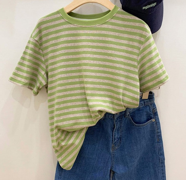 Casual O-neck Women Striped T-shirts Spring Summer Short Sleeve Loose Female Tops - MERGE.DAY.1.FREESTYLE