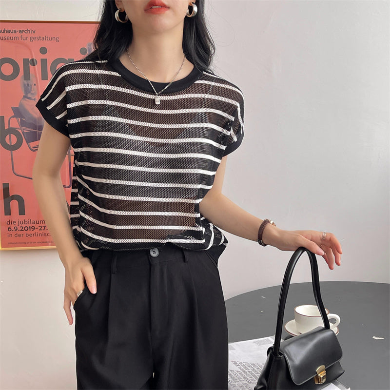 Hollow T-shirt Chain Women Summer New Solid Color Short Sleeve Knitted Tops Female 2022 - MERGE.DAY.1.FREESTYLE