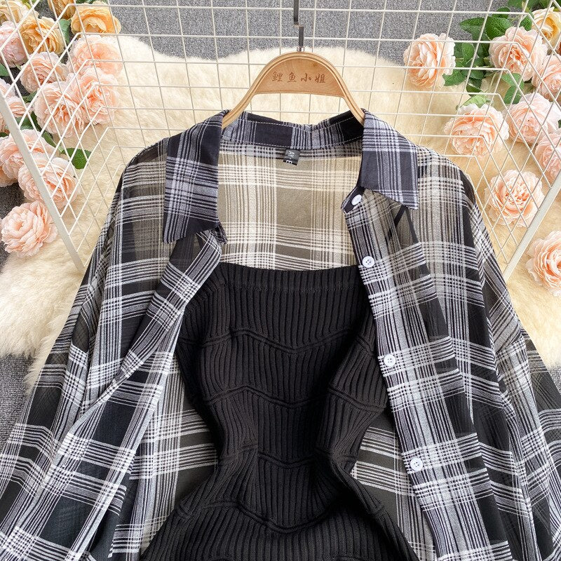Summer Women Two Piece Set Plaid Long Sleeve Sunscreen Shirt+A-line Knitting Slip Dress - MERGE.DAY.1.FREESTYLE