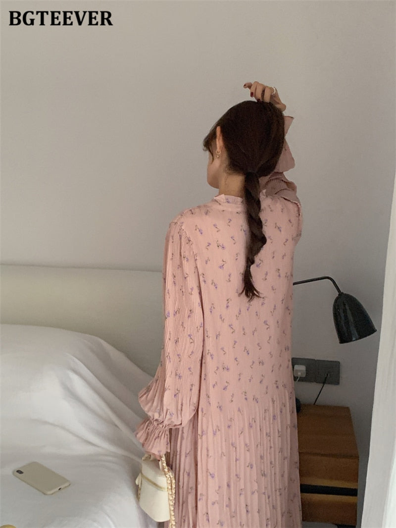 Spring Summer Flare Sleeve Loose Female Pleated Dress vestidos - MERGE.DAY.1.FREESTYLE