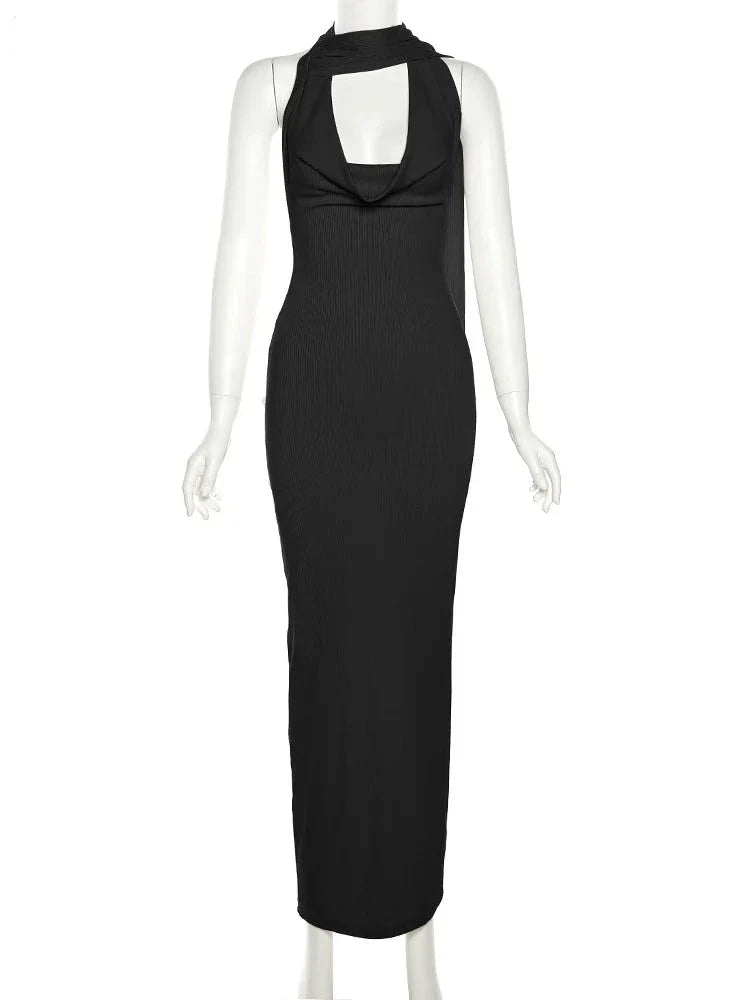 Backless Halter Evening Dress With Scarf Hollow Back Split Skinny - MERGE.DAY.1.FREESTYLE