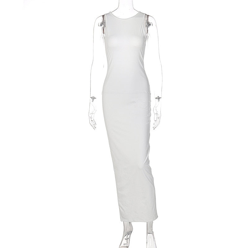 O-neck Backless Evening Dresses Women Hollow Out Sleeveless Split Bodycon Party Dress - MERGE.DAY.1.FREESTYLE