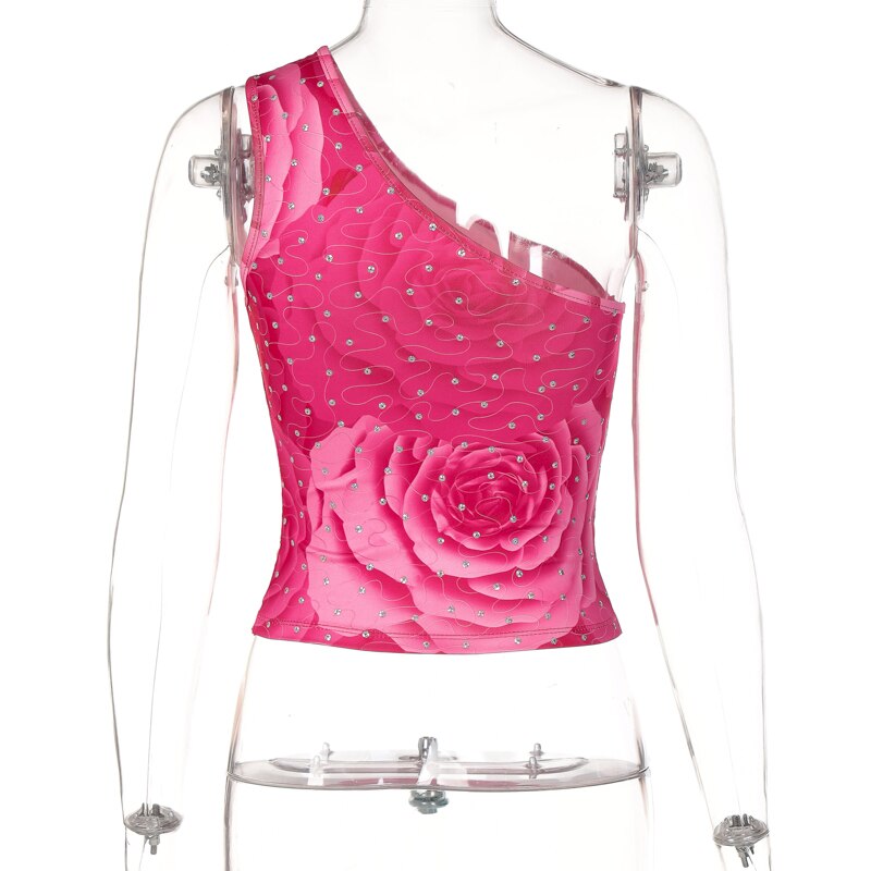 Diamond Print One Shoulder Sleeveless Crop Top Sexy Skinny Streetwear - MERGE.DAY.1.FREESTYLE
