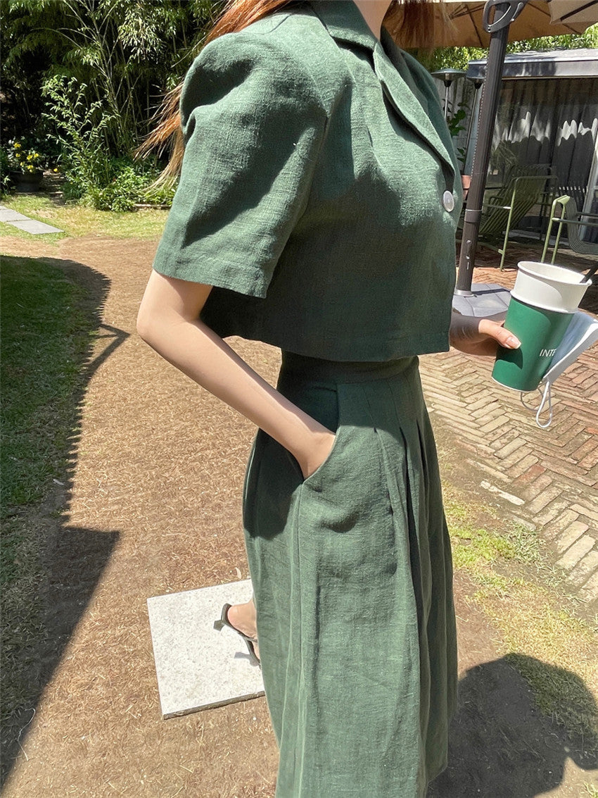 Cotton Linen Skirt 2 Two Piece Sets Outfits Female Short Sleeve Blazer Suits with High Waist - MERGE.DAY.1.FREESTYLE