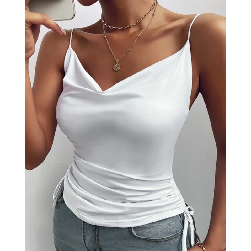 Tank Top V Neck Camisole Cami Drawstring Spaghetti Strap Top - MERGE.DAY.1.FREESTYLE