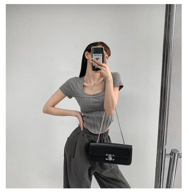Summer Bright Line White T-shirt Women Slim Square Neck Short Sleeve Cropped Tops Female - MERGE.DAY.1.FREESTYLE