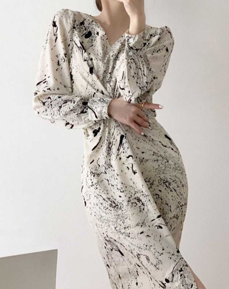 V-neck Long Sleeve Printed Dress Slim Waist Lace-up Split Midi Dress vestidos - MERGE.DAY.1.FREESTYLE