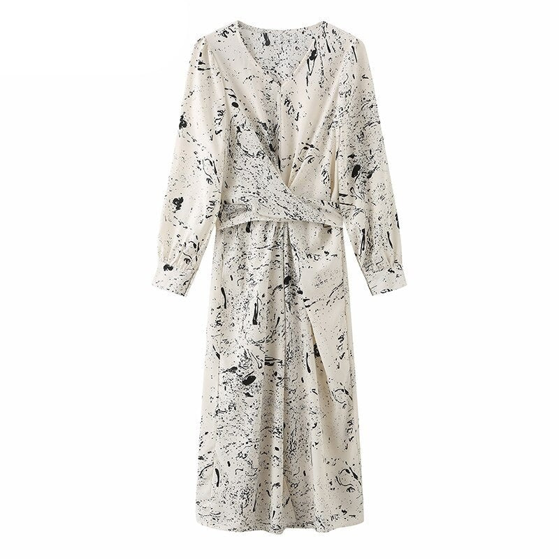 V-neck Long Sleeve Printed Dress Slim Waist Lace-up Split Midi Dress vestidos - MERGE.DAY.1.FREESTYLE