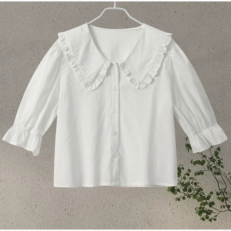 Lace Up Doll Collar Shirt Skirt Sets Short Puff Sleeve Top Suit Pleat Mini Skirts - MERGE.DAY.1.FREESTYLE
