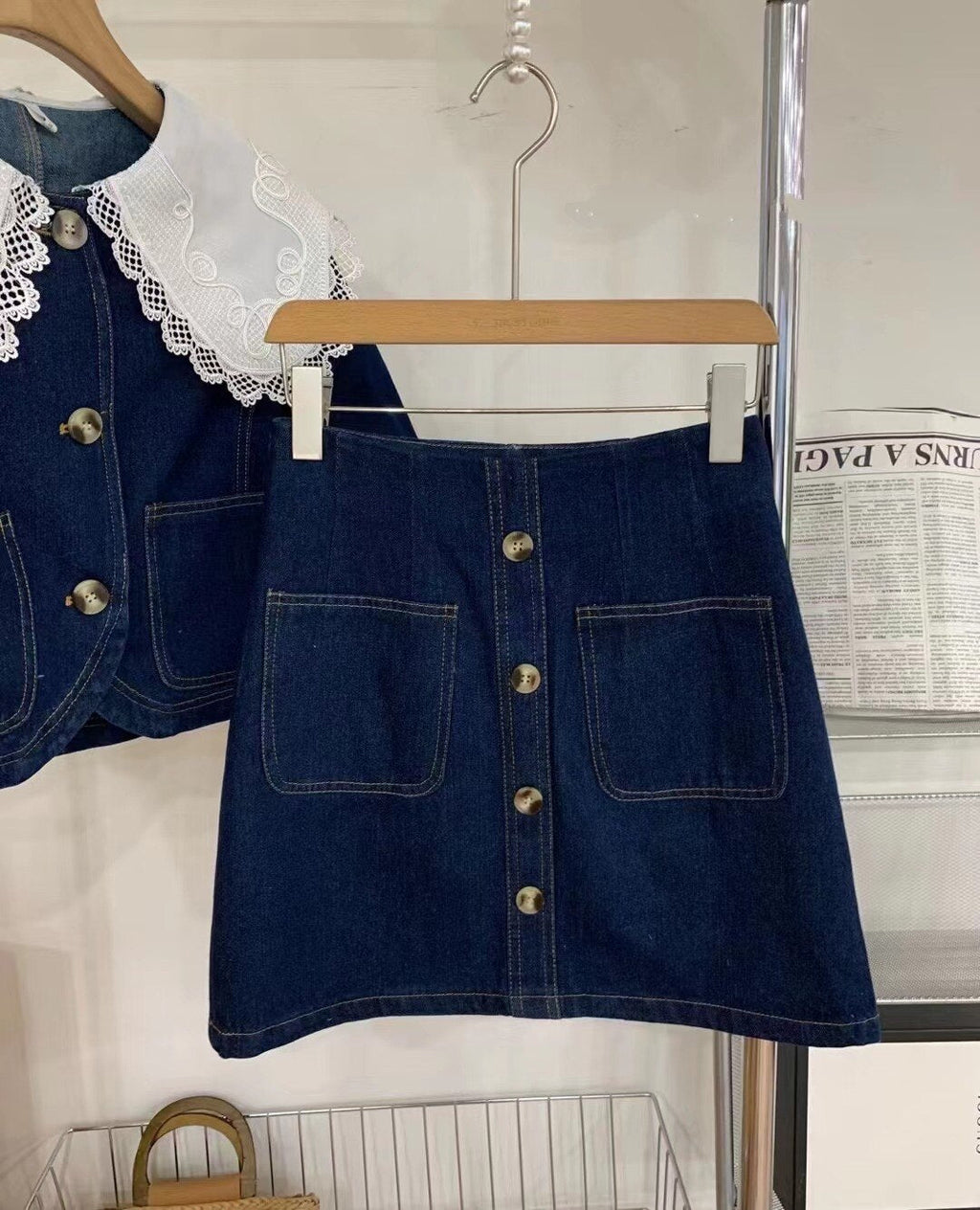 Summer Sweet Denim Suit Lace Peter Pan Collar Single Breasted Tops+high Waist A-line Skirts - MERGE.DAY.1.FREESTYLE