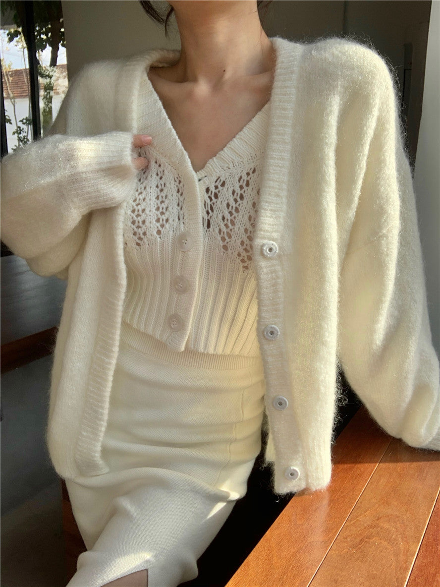 Women Hollow Sweater Cardigan Outerwear V Neck Button Knitted Tops Jackets - MERGE.DAY.1.FREESTYLE