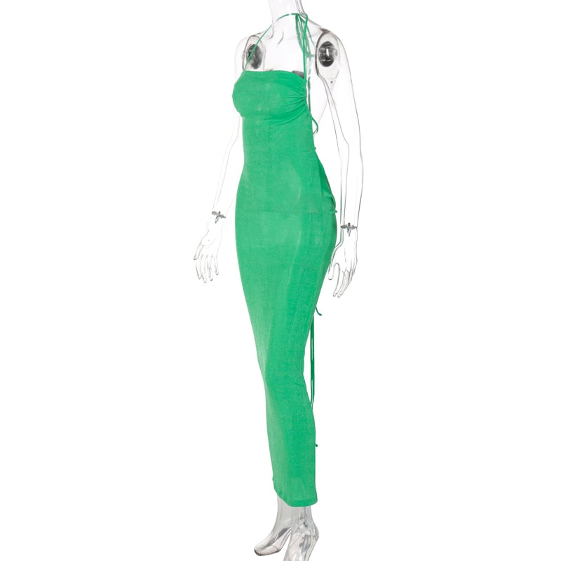 Collar Backless Sleeveless Drawstrings Hollow Out Slit Sexy Maxi Prom Dress - MERGE.DAY.1.FREESTYLE