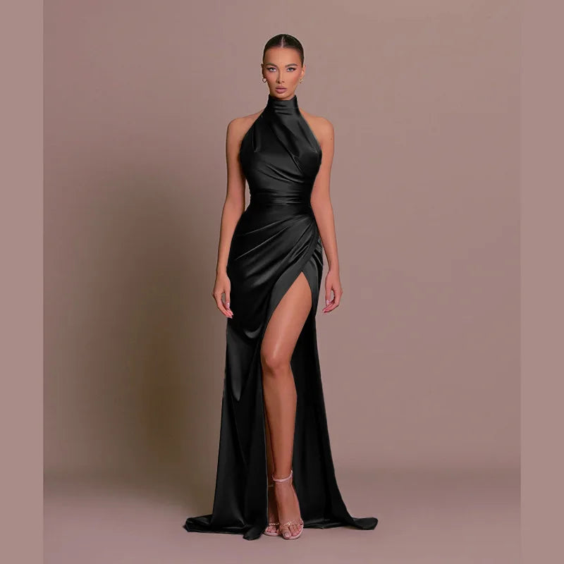 Satin Sleeveless Backless Halter Side Slit Sexy Elegant Maxi Dress - MERGE.DAY.1.FREESTYLE