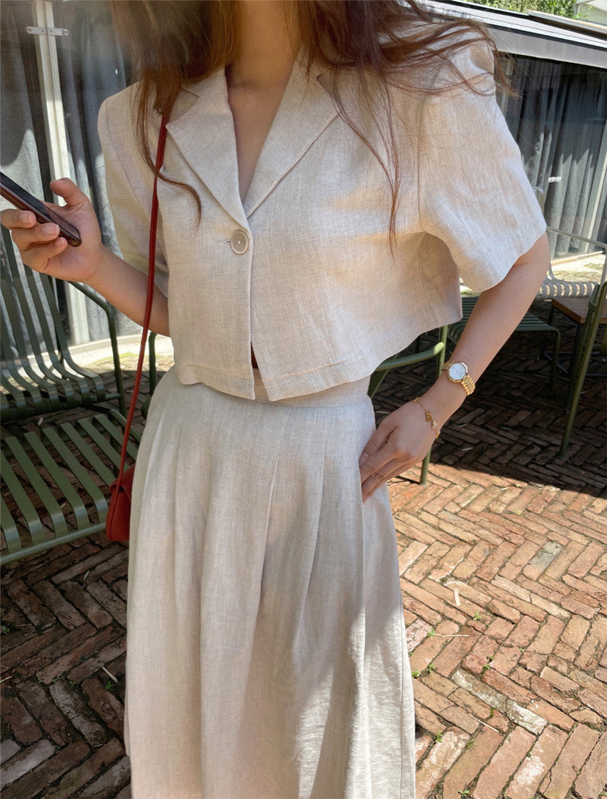 Cotton Linen Skirt 2 Two Piece Sets Outfits Female Short Sleeve Blazer Suits with High Waist - MERGE.DAY.1.FREESTYLE