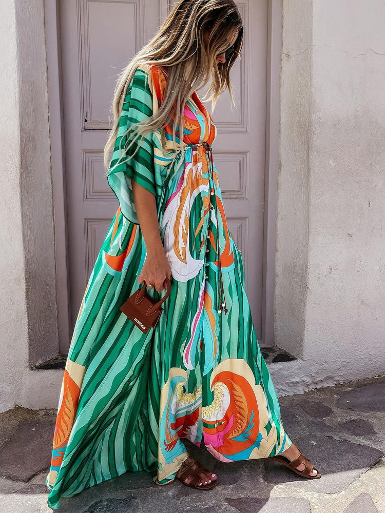 Bikini Cover Ups Print Maxi Dress for Women Summer Bohemian Beach Sexy Floral Tunic Long Dress - MERGE.DAY.1.FREESTYLE
