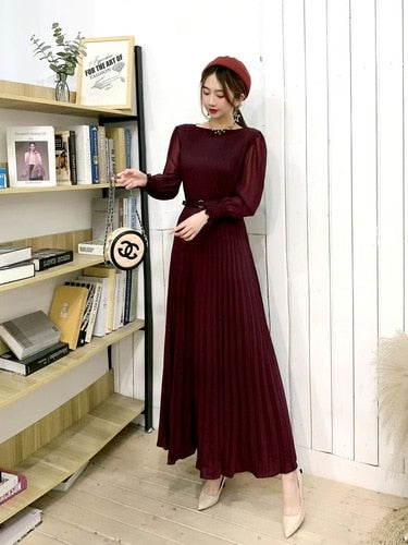 O-neck Long Sleeve A-line Dress Office Lady Pleated Maxi Dress - MERGE.DAY.1.FREESTYLE