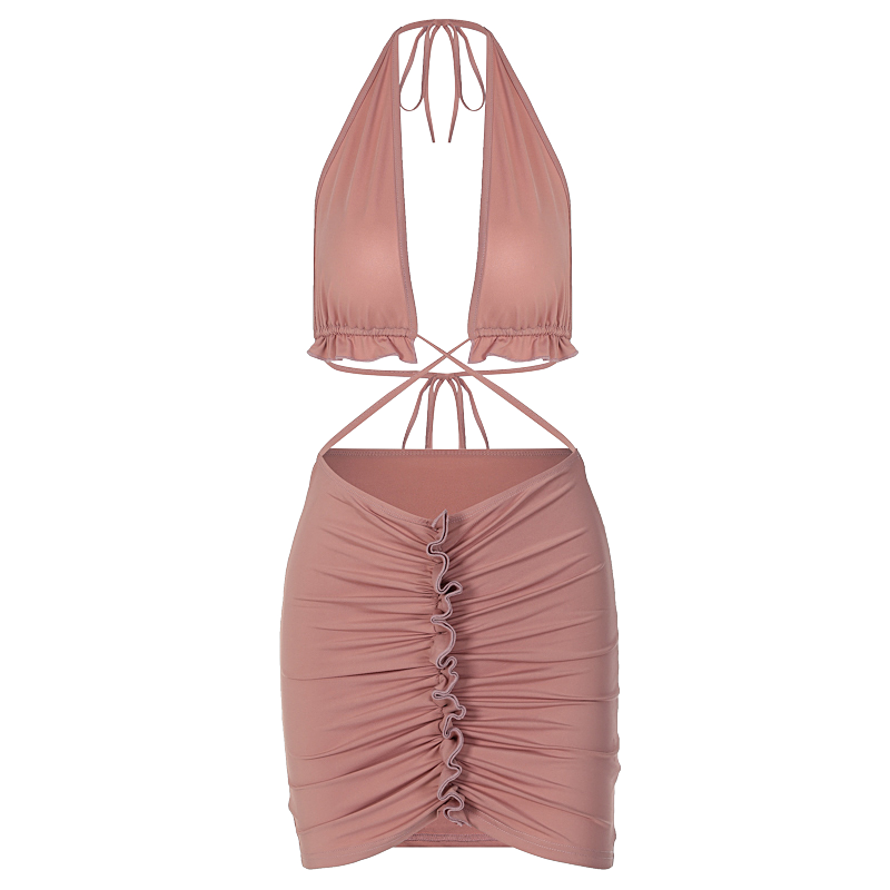 Ruffled Solid Halter Hollow Out Sleeveless Crop Top Pleated Skirts 2 Pieces Set - MERGE.DAY.1.FREESTYLE