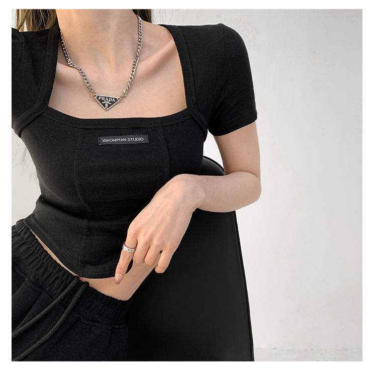 Curved Crop Tops Women Summer Square Collar Short Sleeve T-Shirt Fashion Slim Woman - MERGE.DAY.1.FREESTYLE