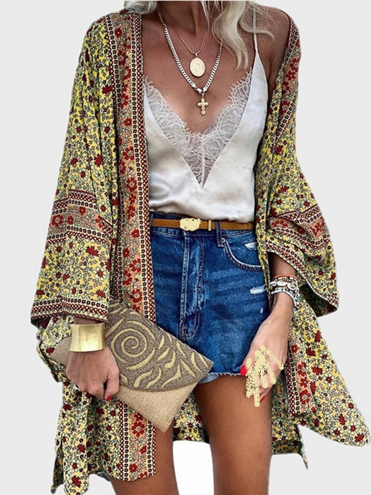 Cardigan Women Bohemian Floral Printed Blouse Open Front Loose Beach Tops Vintage Long Sleeve - MERGE.DAY.1.FREESTYLE