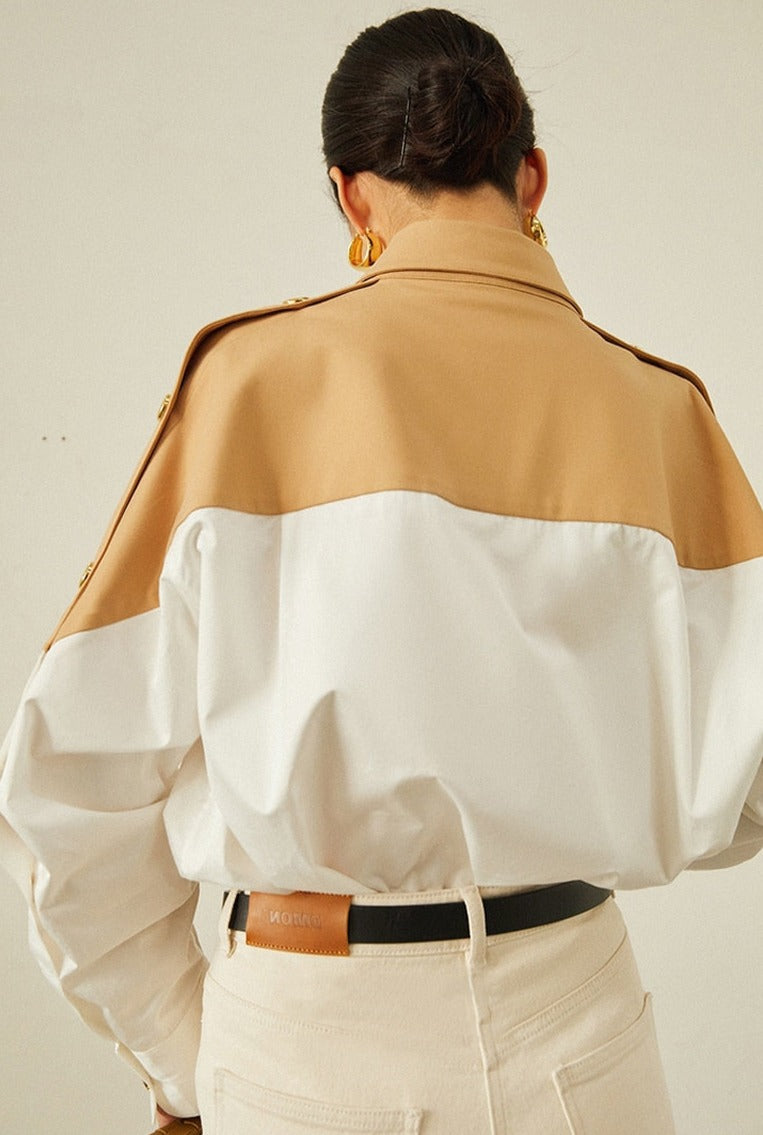 Patchwork Lapel Women Shirts Long Sleeve Single-breasted Loose Female Blouses - MERGE.DAY.1.FREESTYLE