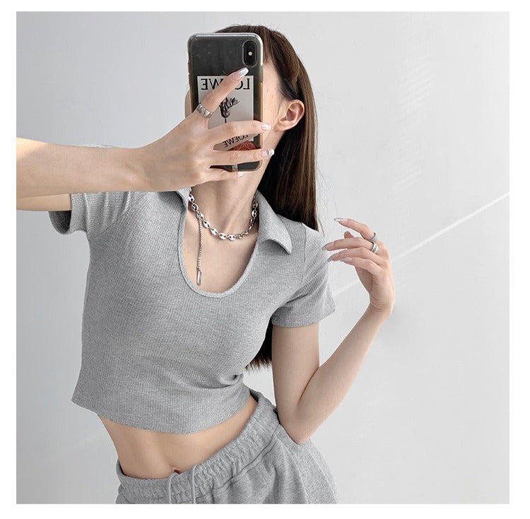 Y2K Tops Women U-shaped Lapel Short Sleeve Tees Summer High Waist Thread Crop Top - MERGE.DAY.1.FREESTYLE
