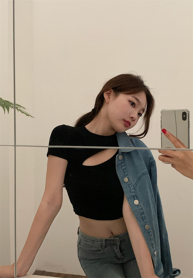 T Shirt Women Summer Hollow Crewneck Cropped Tops Irregular Tight Fitting Short Sleeve - MERGE.DAY.1.FREESTYLE