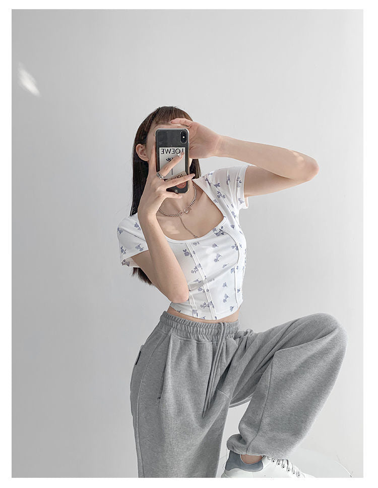 Summer Floral Cropped Top Women Slim Square Neck Short Sleeve White T-shirts Female - MERGE.DAY.1.FREESTYLE