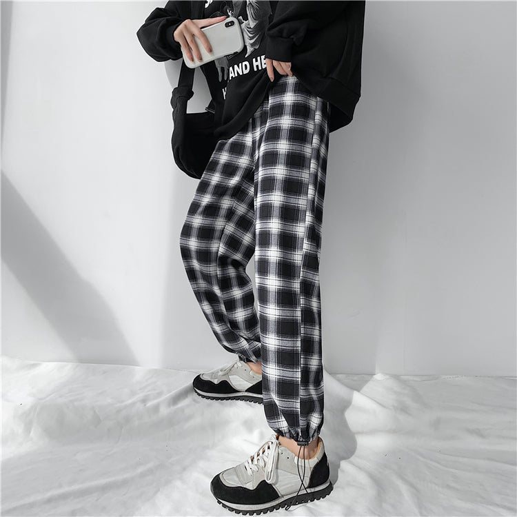 Plaid Pants Women High Waist Drawstring Loose Straight Baggy Pants 2022 Spring and Summer - MERGE.DAY.1.FREESTYLE