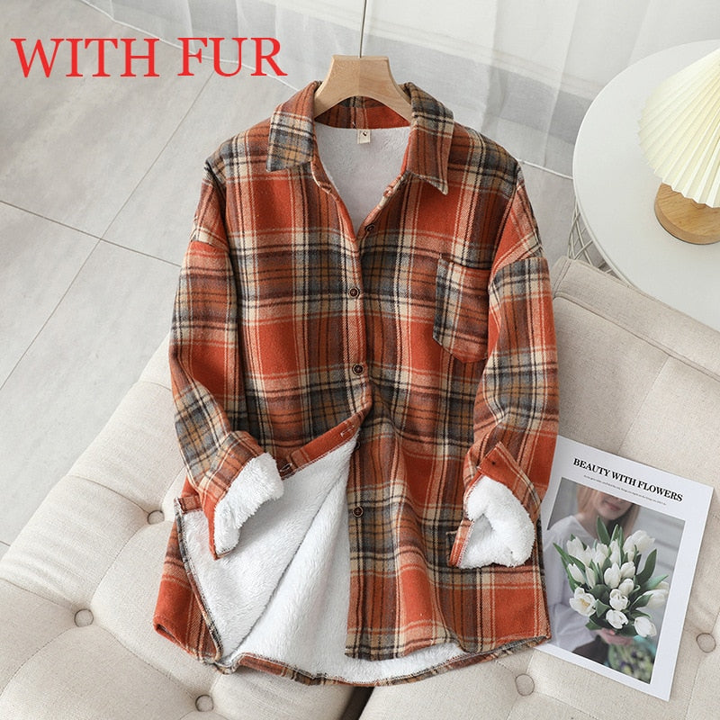 Velvet Thicken Plaid Shirts Blouses Autumn Winter Warm Shirts - MERGE.DAY.1.FREESTYLE