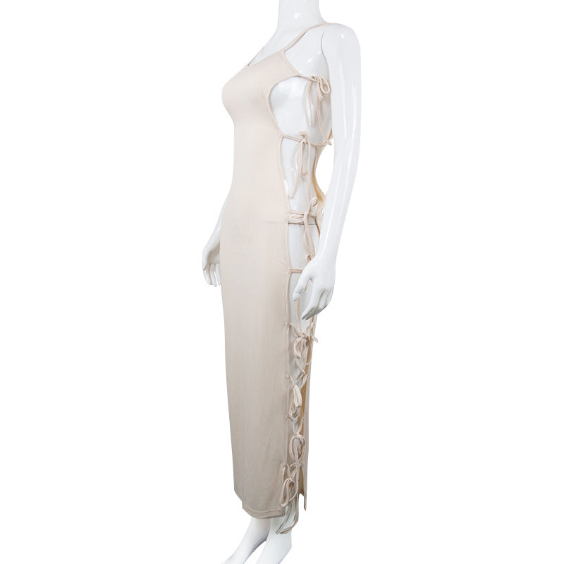 Side Hollow Out Bandage Long Dress Streetwear Beige Lace-up Sapghetti Strap Vestito - MERGE.DAY.1.FREESTYLE