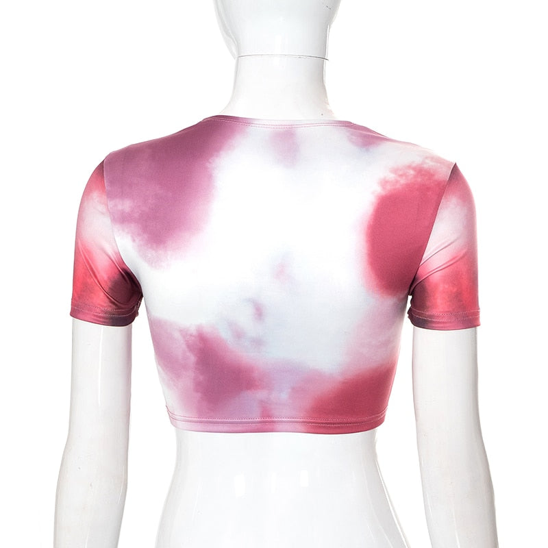 Tie Dye Print O Neck Short Sleeves Crop Top T Shirt Slim - MERGE.DAY.1.FREESTYLE