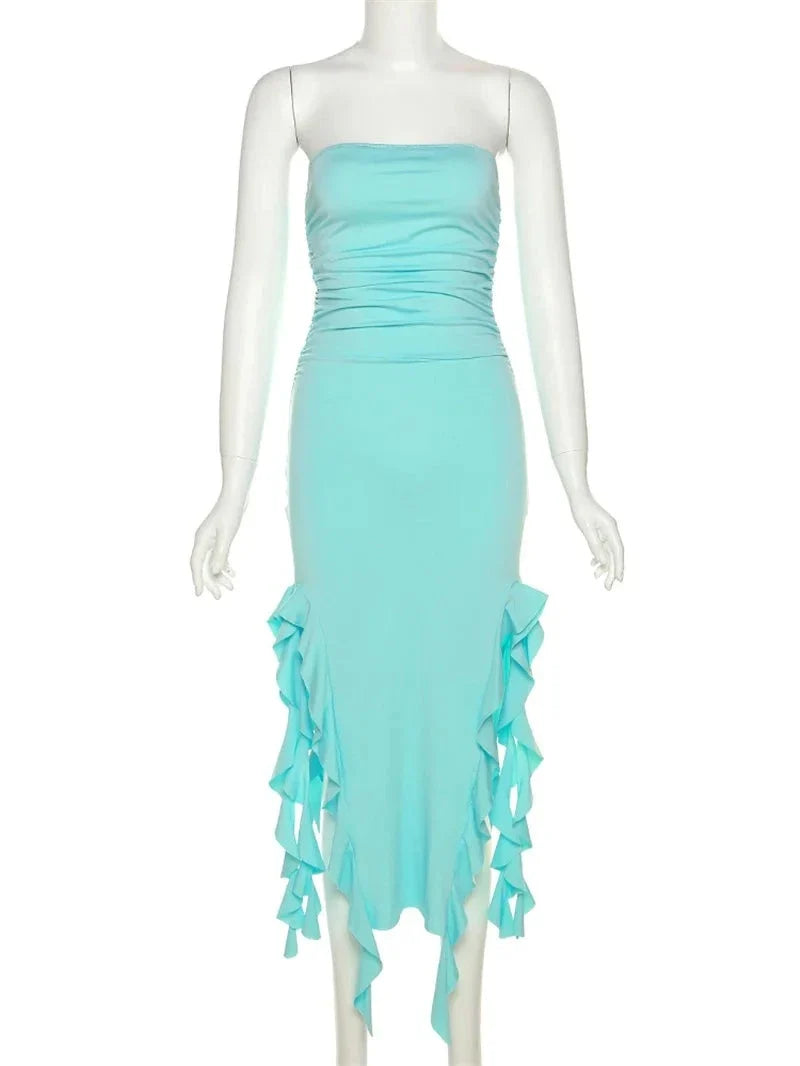 Elegant Strapless Dress Women Irregular Tassel Skinny Split Maxi Bodycon - MERGE.DAY.1.FREESTYLE
