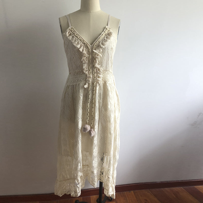 Women Dress Beach Style Elegant White Lace Spaghetti Srap Sundress Female Hollow Out Boho - MERGE.DAY.1.FREESTYLE