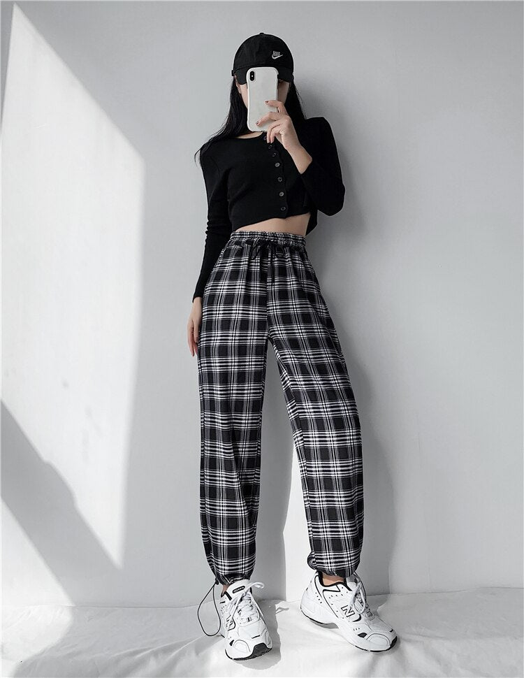 Plaid Pants Women High Waist Drawstring Loose Straight Baggy Pants 2022 Spring and Summer - MERGE.DAY.1.FREESTYLE