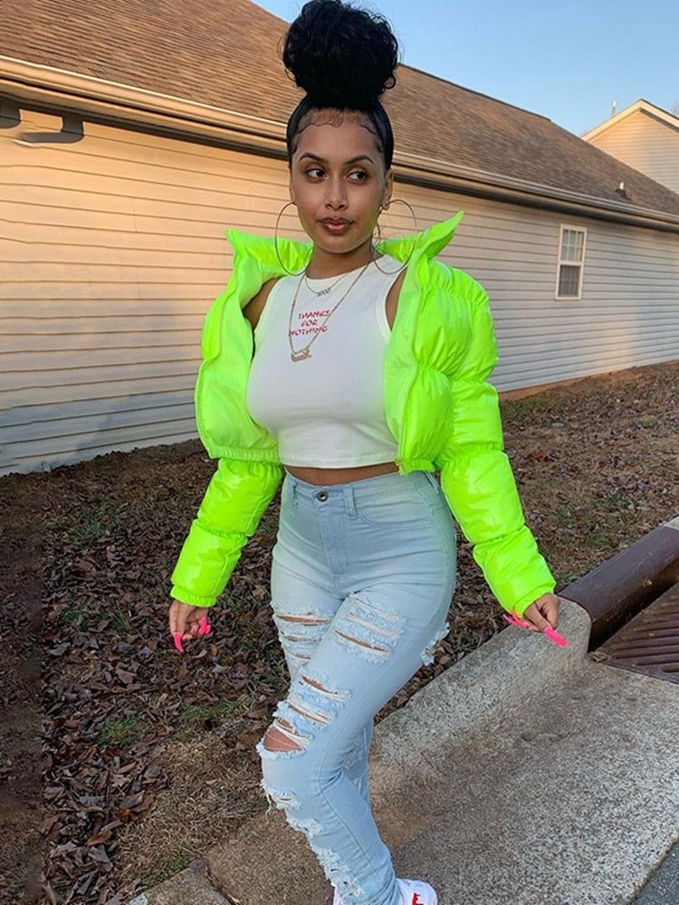 Faux PU Leather Y2K Bubble Puffer Winter Warm Jacket Women Long Sleeve Coats - MERGE.DAY.1.FREESTYLE