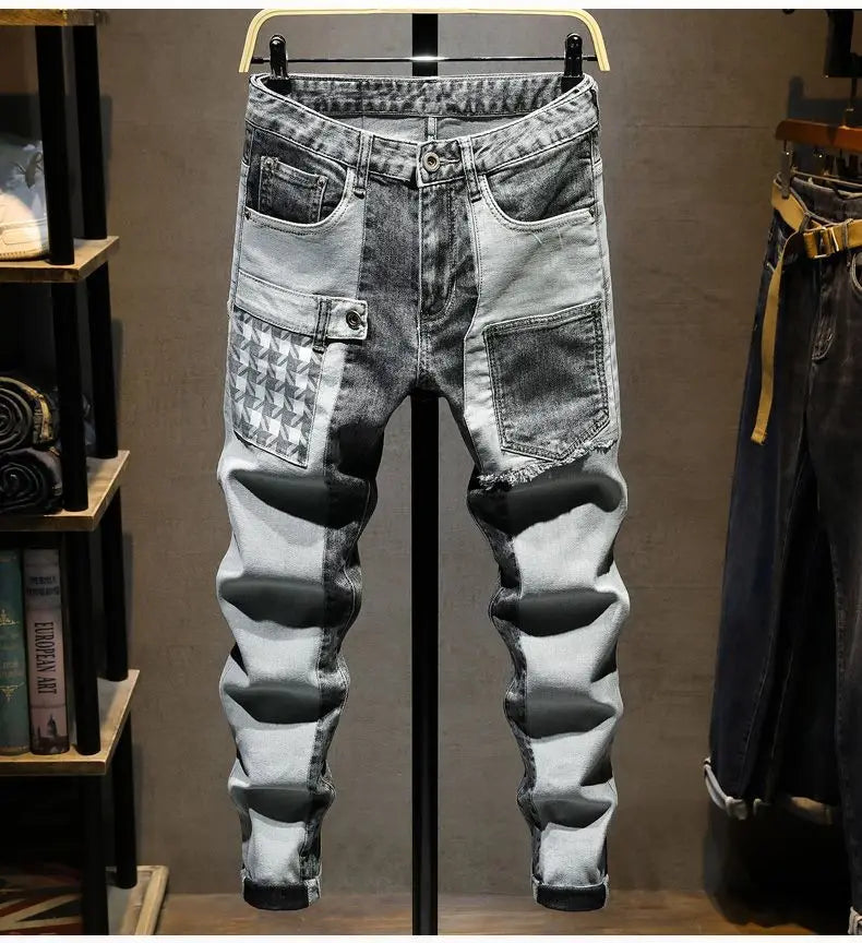 Streetwear 90s Slim Cowboy Grey Stretch Work Wear Splice Long Pants Man - MERGE.DAY.1.FREESTYLE