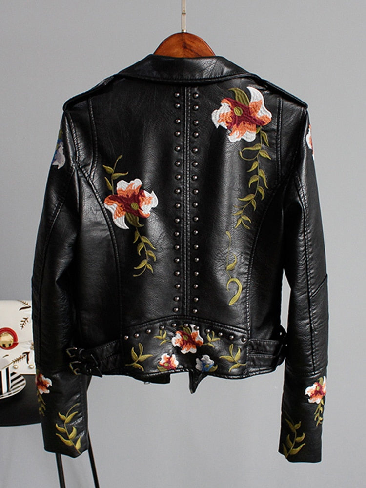 Floral Print Embroidery Faux Soft Leather Jacket Women Pu Motorcycle Coat - MERGE.DAY.1.FREESTYLE